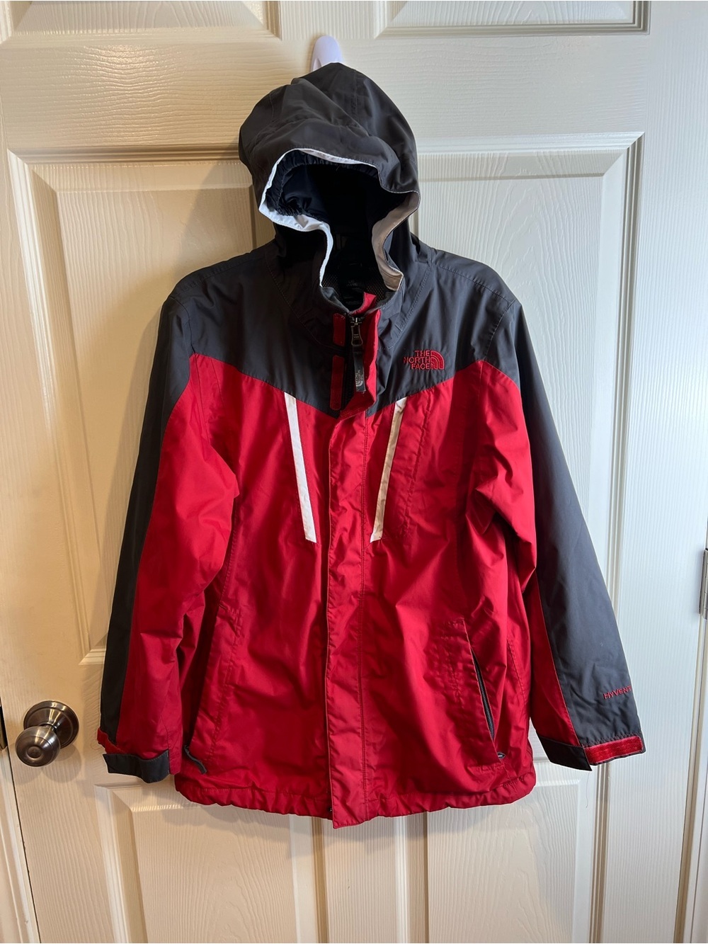 The North Face triclimate hyvent Red and Gray Waterproof Hooded Shell large